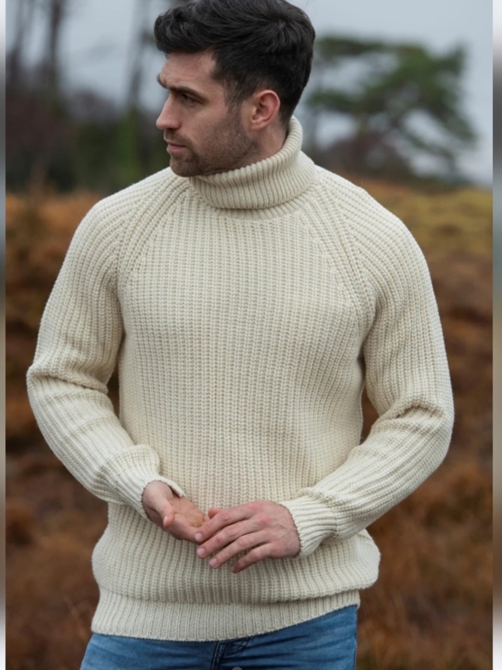 NWT Aran Crafts Submariner Rib Roll Neck Sweater in Natural - Size Large